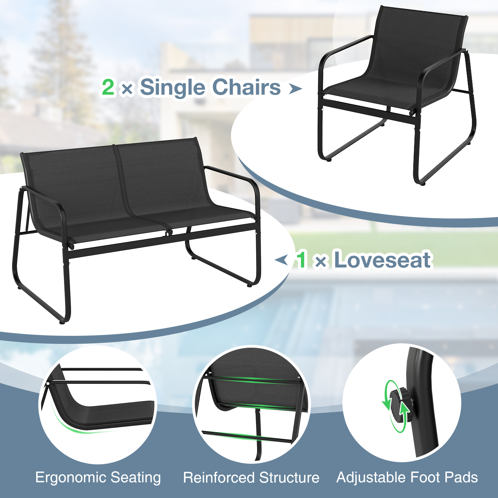OUTGOO 4 Pieces Patio Furniture Set Fabric Lawn Chairs and Loveseat with Glass Coffee Table