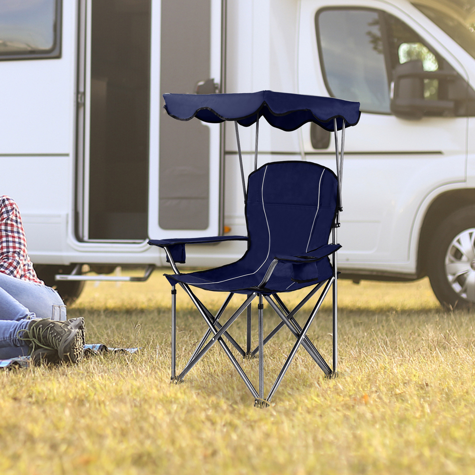 OUTGOO Portable Folding Beach Canopy Chair with Cup Holders for Home, Patio, Outdoor and Everyday Use