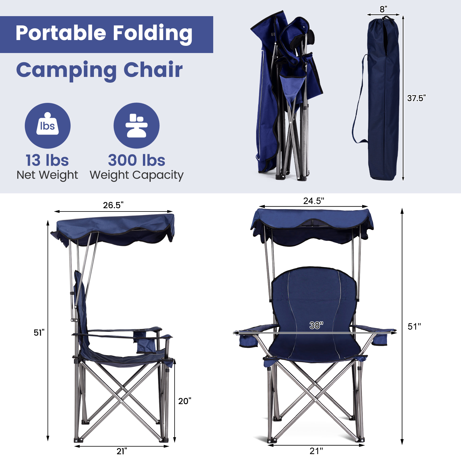 OUTGOO Portable Folding Beach Canopy Chair with Cup Holders for Home, Patio, Outdoor and Everyday Use
