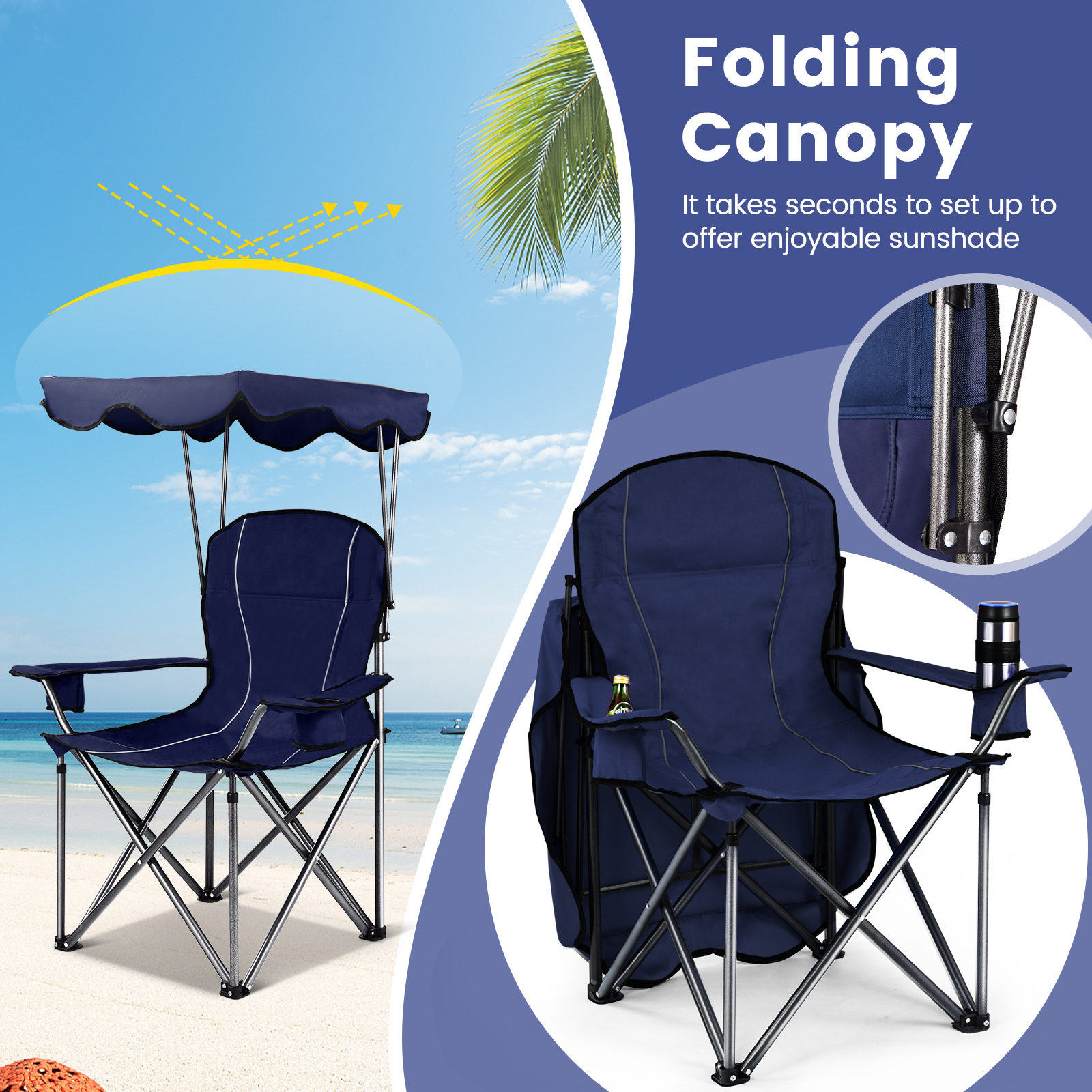 OUTGOO Portable Folding Beach Canopy Chair with Cup Holders for Home, Patio, Outdoor and Everyday Use
