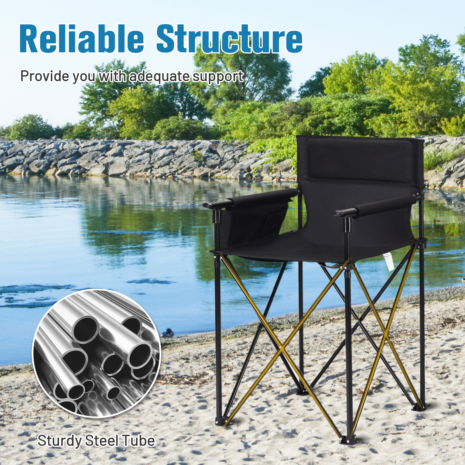 OUTGOO Portable 38 Inch Oversized High Camping Fishing Folding Chair for Home, Patio, Outdoor and Everyday Use