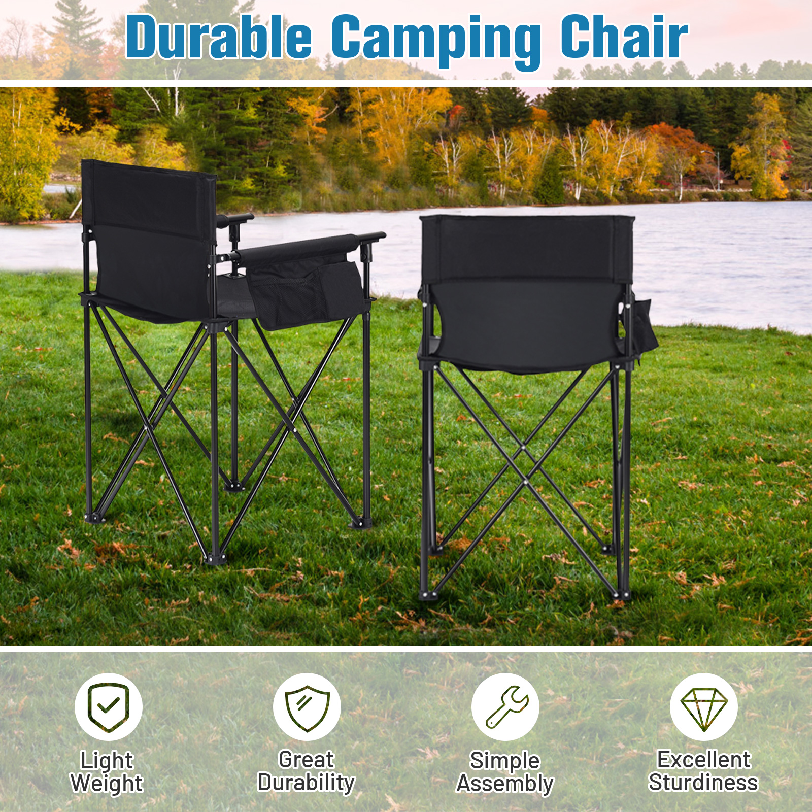 OUTGOO Portable 38 Inch Oversized High Camping Fishing Folding Chair for Home, Patio, Outdoor and Everyday Use