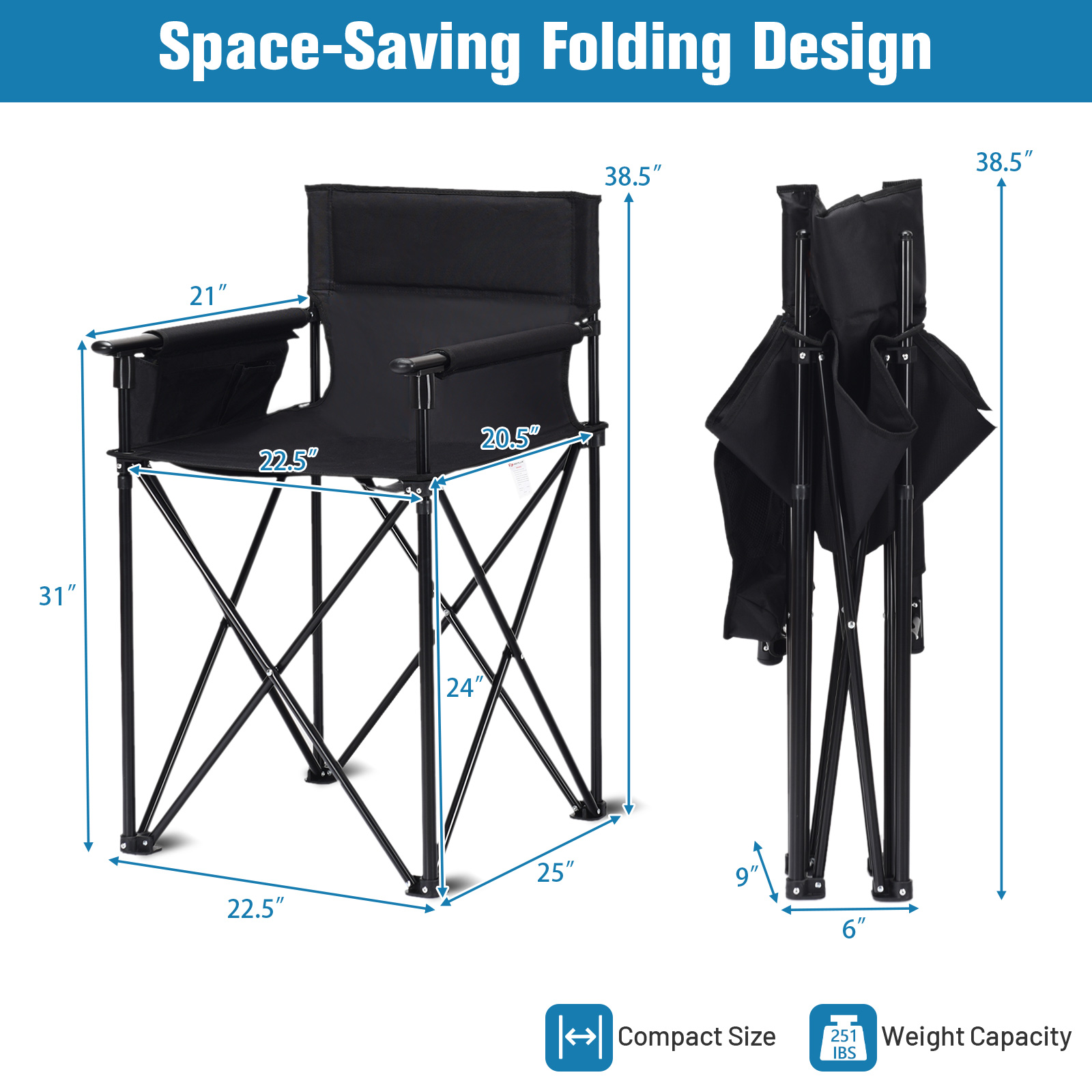 OUTGOO Portable 38 Inch Oversized High Camping Fishing Folding Chair for Home, Patio, Outdoor and Everyday Use