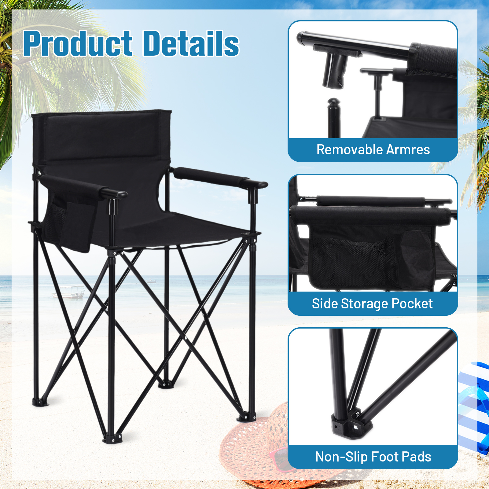 OUTGOO Portable 38 Inch Oversized High Camping Fishing Folding Chair for Home, Patio, Outdoor and Everyday Use