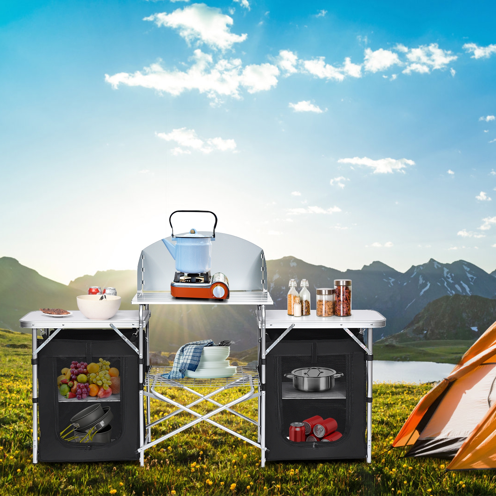OUTGOO Folding Camping Table with Storage Organizer for Home, Patio, Outdoor and Everyday Use