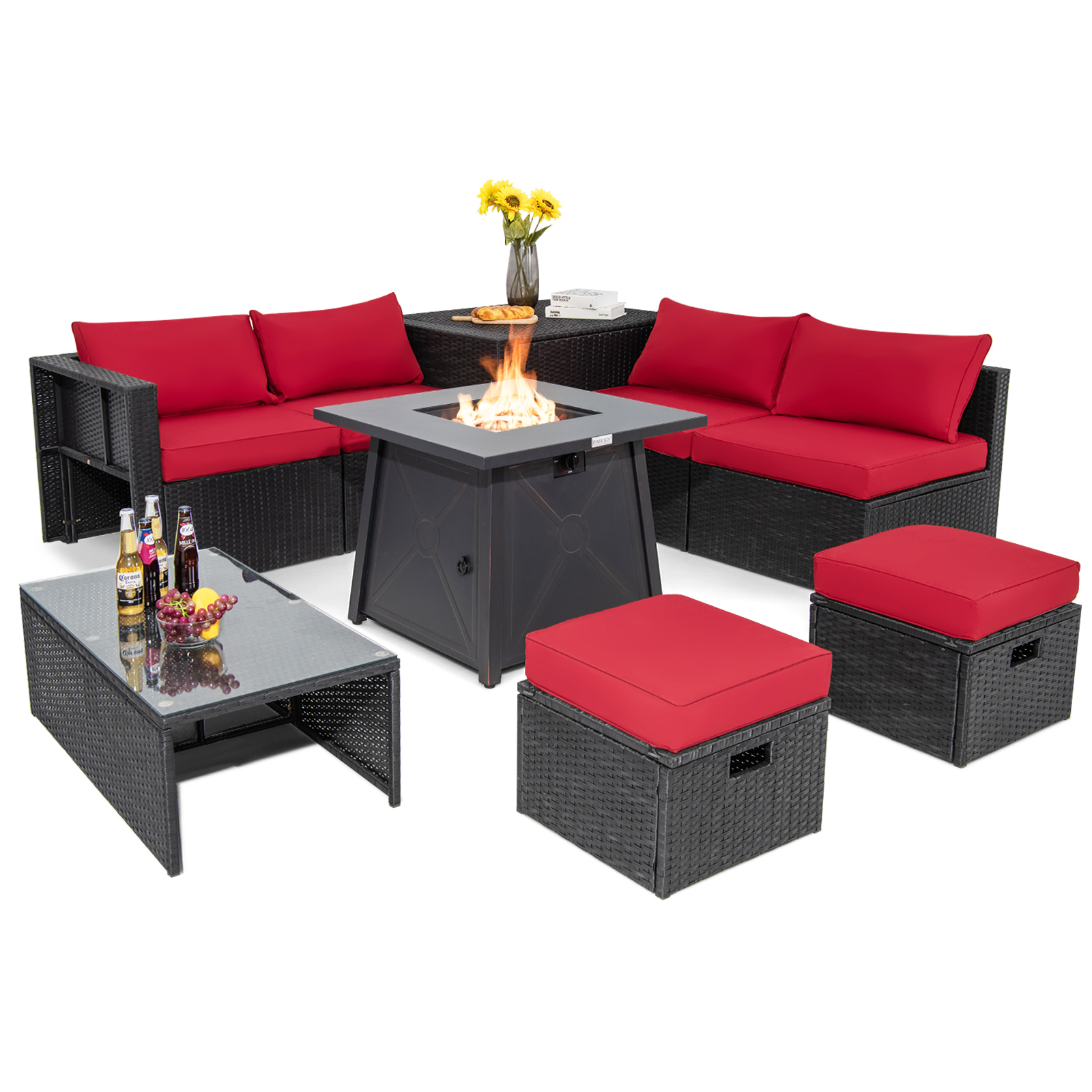 OUTGOO 9 Piece Weatherproof Rattan Patio Conversation Set with 30 Inches Propane Fire Pit Table and Dust Covers
