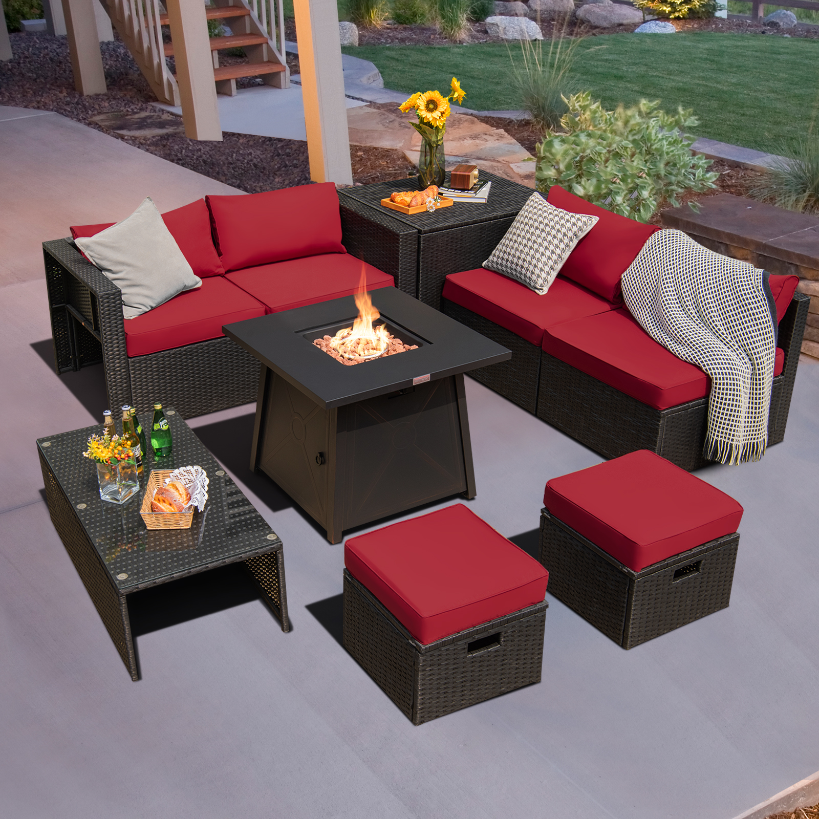 OUTGOO 9 Piece Weatherproof Rattan Patio Conversation Set with 30 Inches Propane Fire Pit Table and Dust Covers