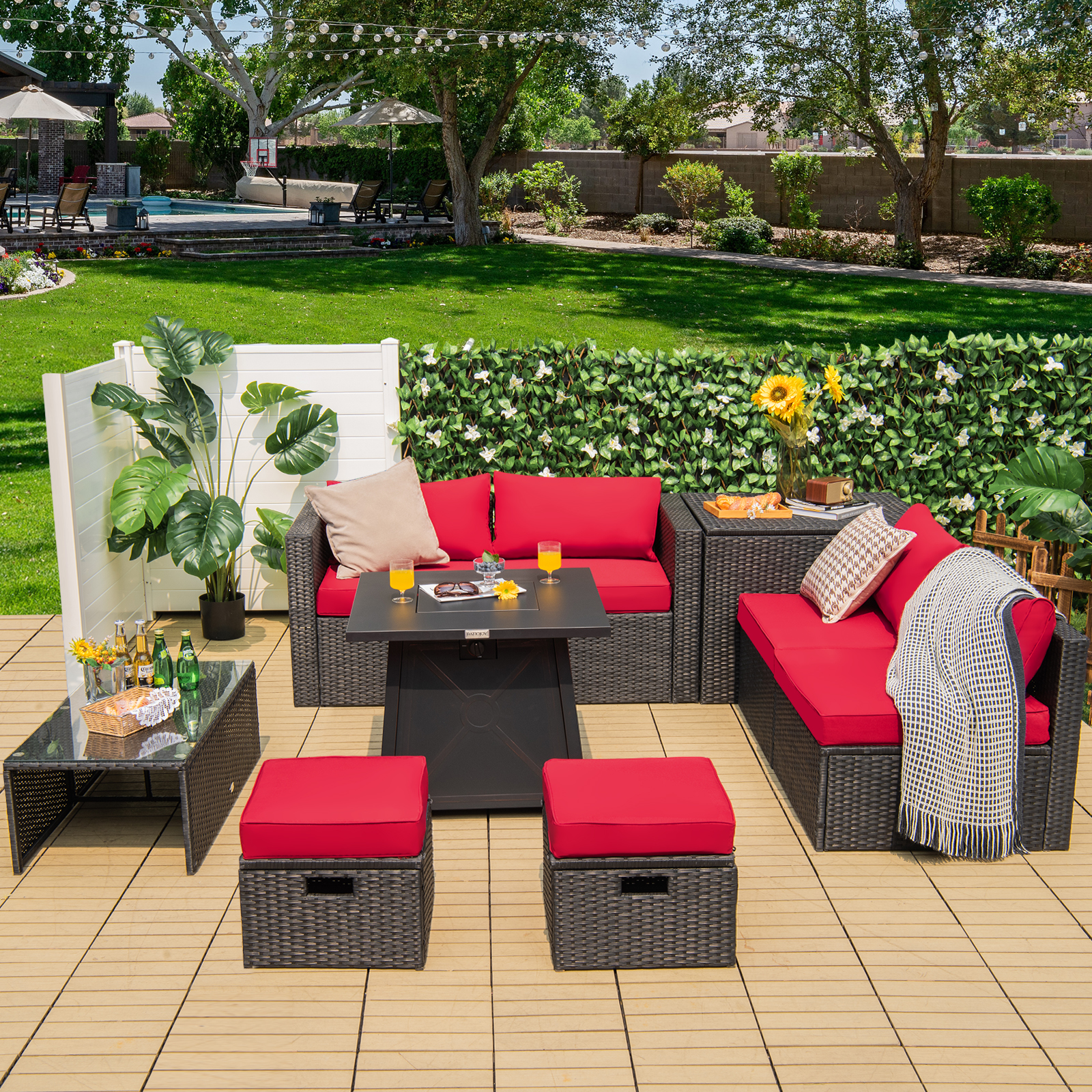 OUTGOO 9 Piece Weatherproof Rattan Patio Conversation Set with 30 Inches Propane Fire Pit Table and Dust Covers