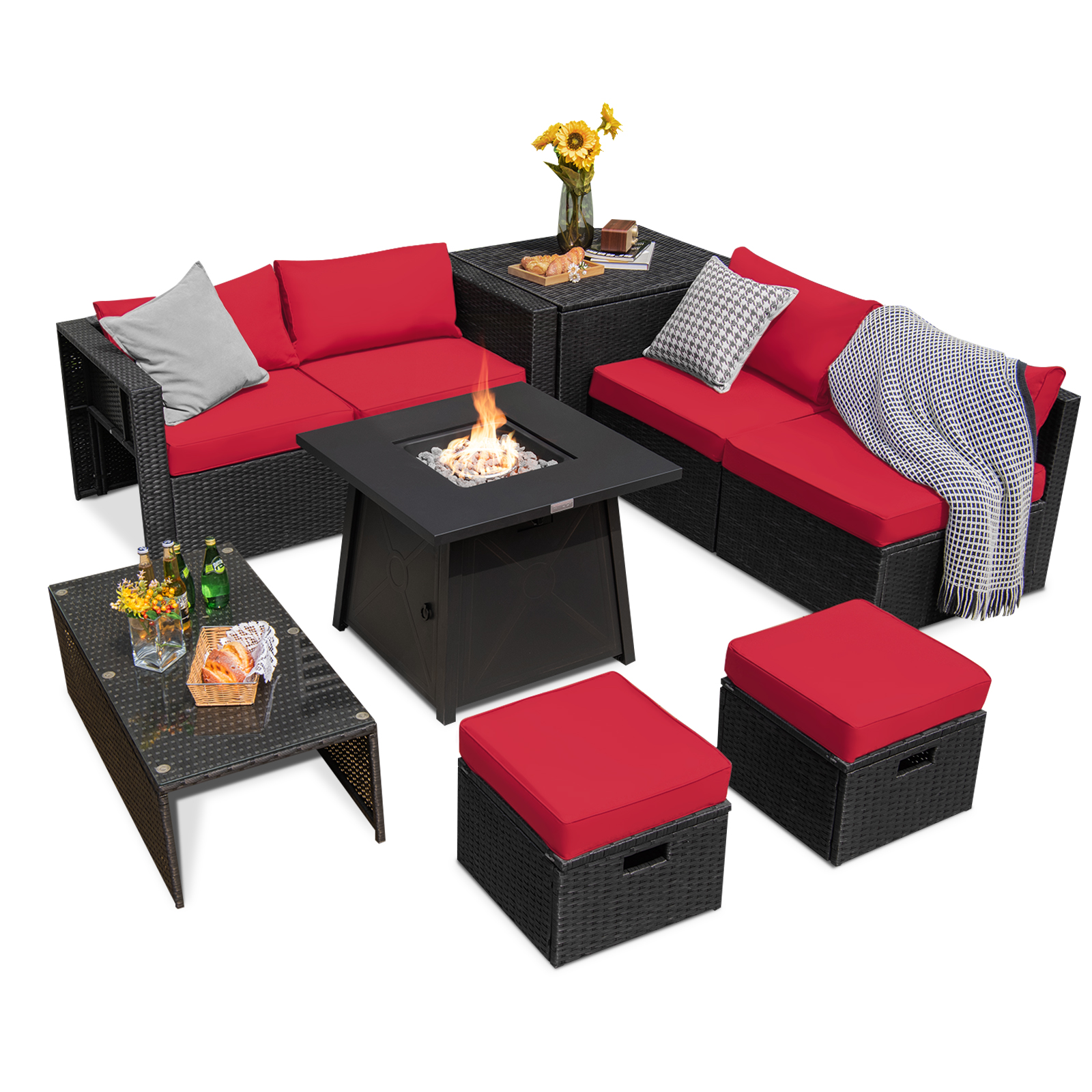 OUTGOO 9 Piece Weatherproof Rattan Patio Conversation Set with 30 Inches Propane Fire Pit Table and Dust Covers