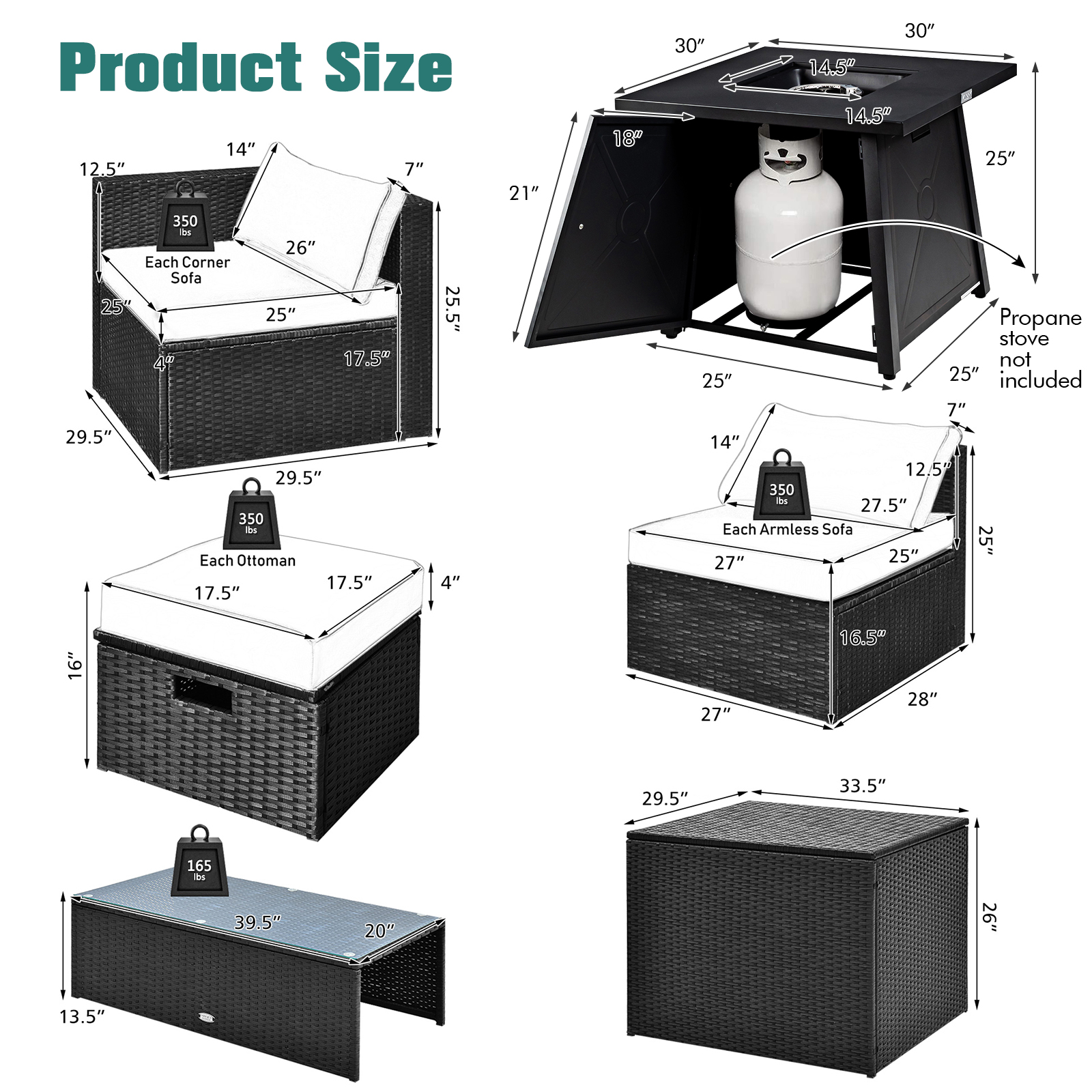 OUTGOO 9 Piece Weatherproof Rattan Patio Conversation Set with 30 Inches Propane Fire Pit Table and Dust Covers
