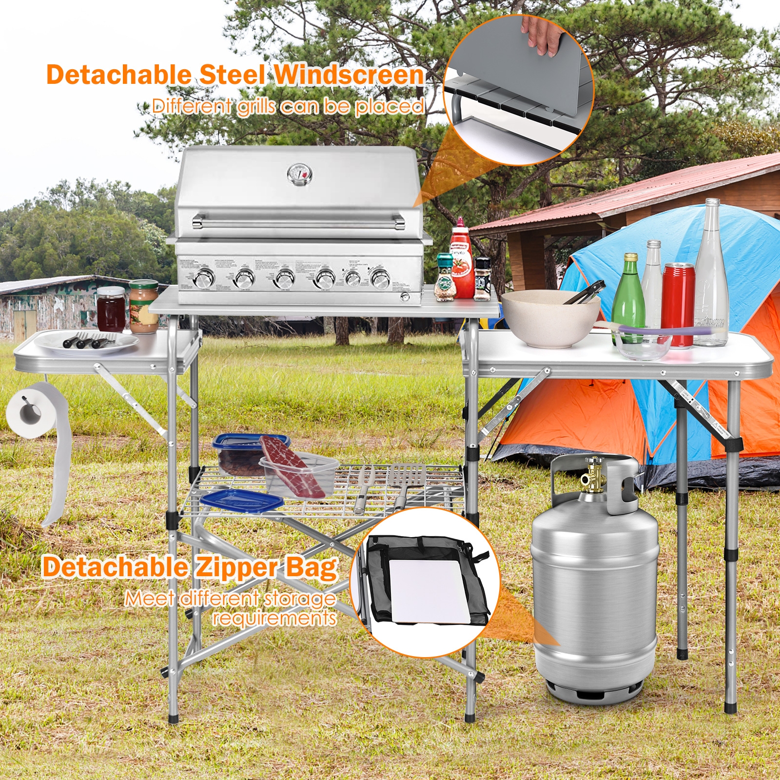 OUTGOO Outdoor BBQ Portable Grilling Table with Windscreen Bag for Home, Patio, Outdoor and Everyday Use
