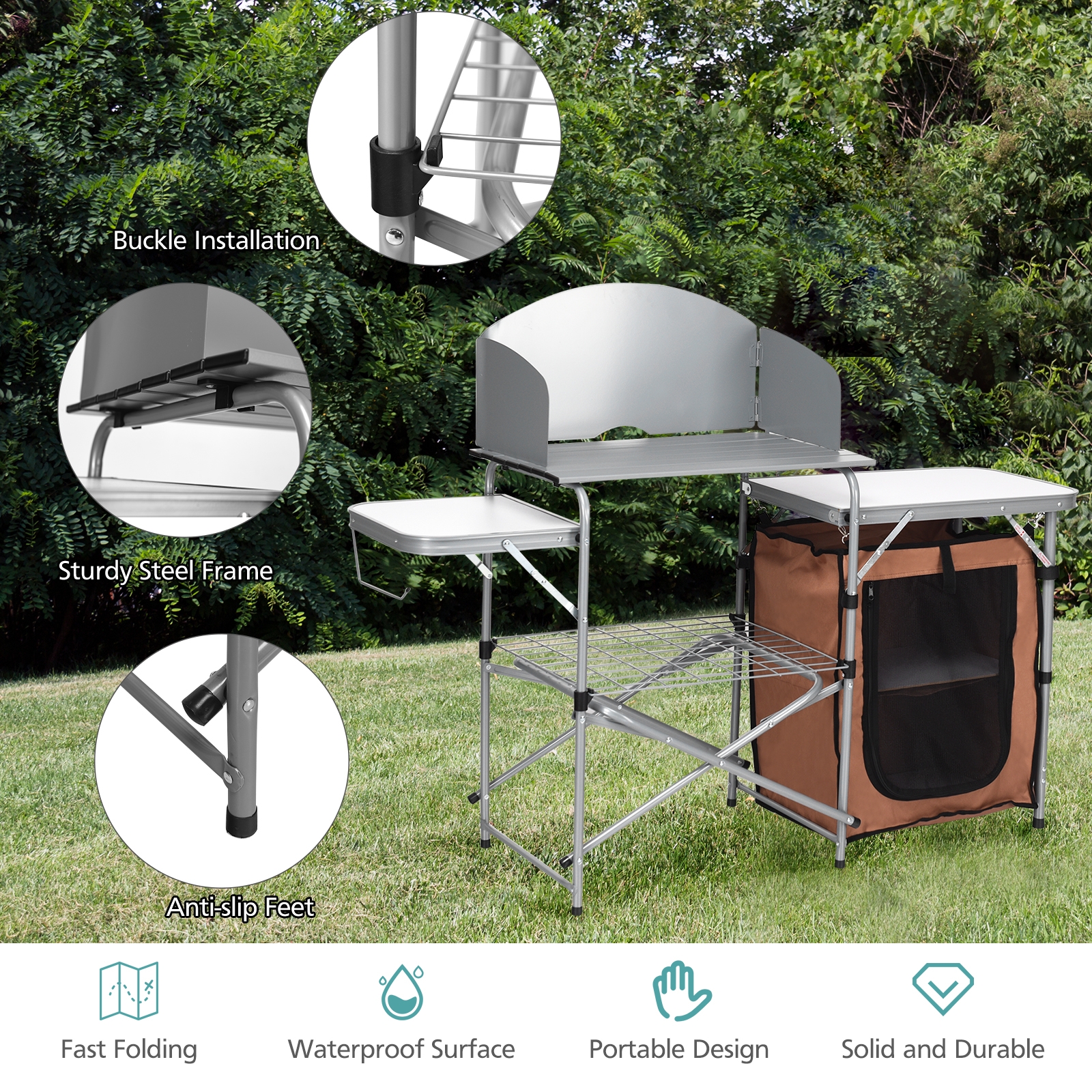 OUTGOO Outdoor BBQ Portable Grilling Table with Windscreen Bag for Home, Patio, Outdoor and Everyday Use