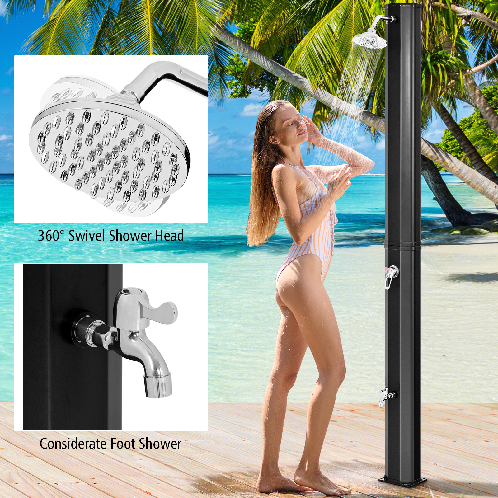 OUTGOO 7.2 Feet Adjustable Outdoor Solar Heating Shower Head for Home, Patio, Outdoor and Everyday Use