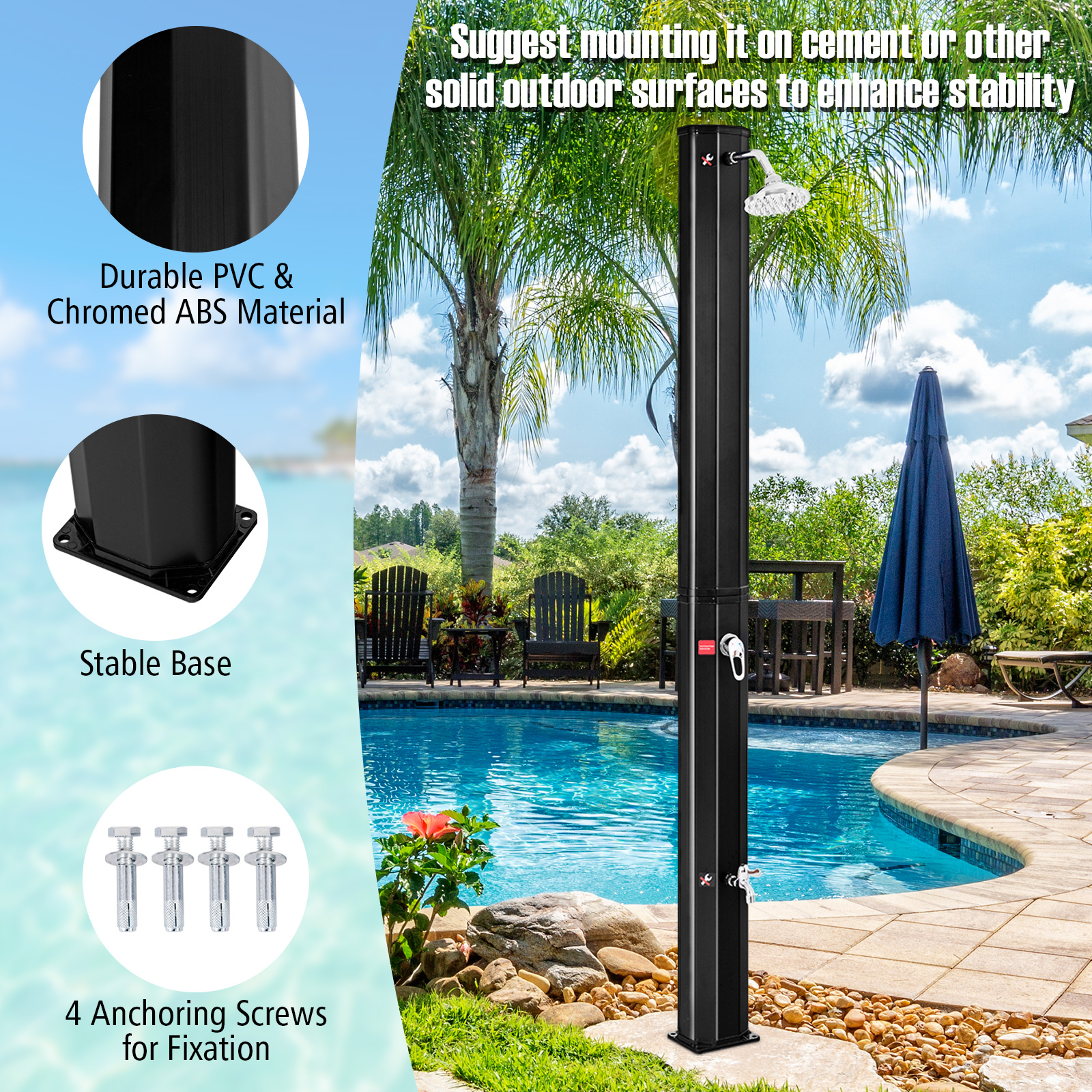 OUTGOO 7.2 Feet Adjustable Outdoor Solar Heating Shower Head for Home, Patio, Outdoor and Everyday Use