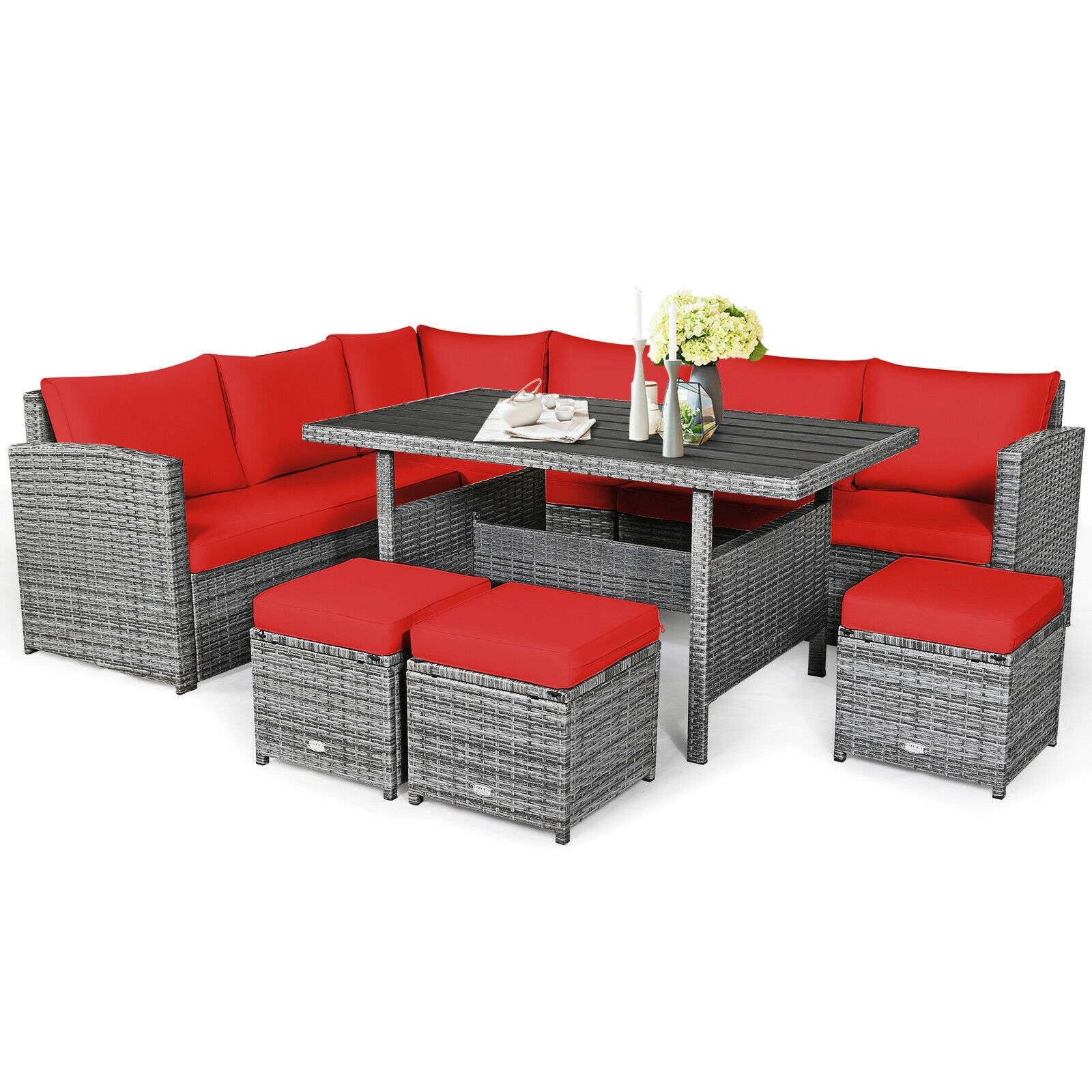 OUTGOO 7 Pieces Outdoor Wicker Sectional Sofa Set with Dining Table for Patio, Garden and Outdoor Living