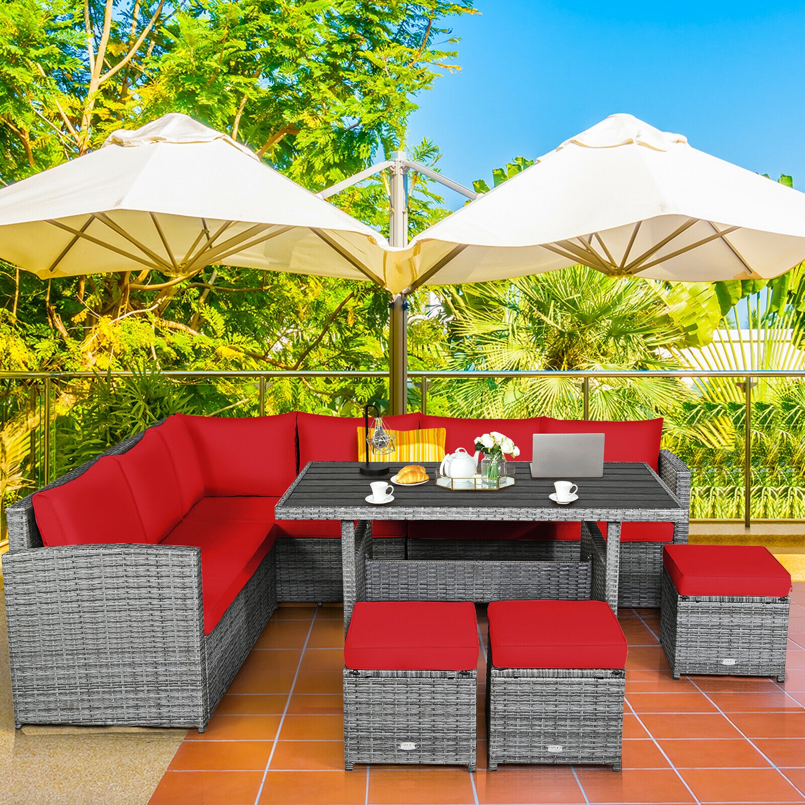 OUTGOO 7 Pieces Outdoor Wicker Sectional Sofa Set with Dining Table for Patio, Garden and Outdoor Living