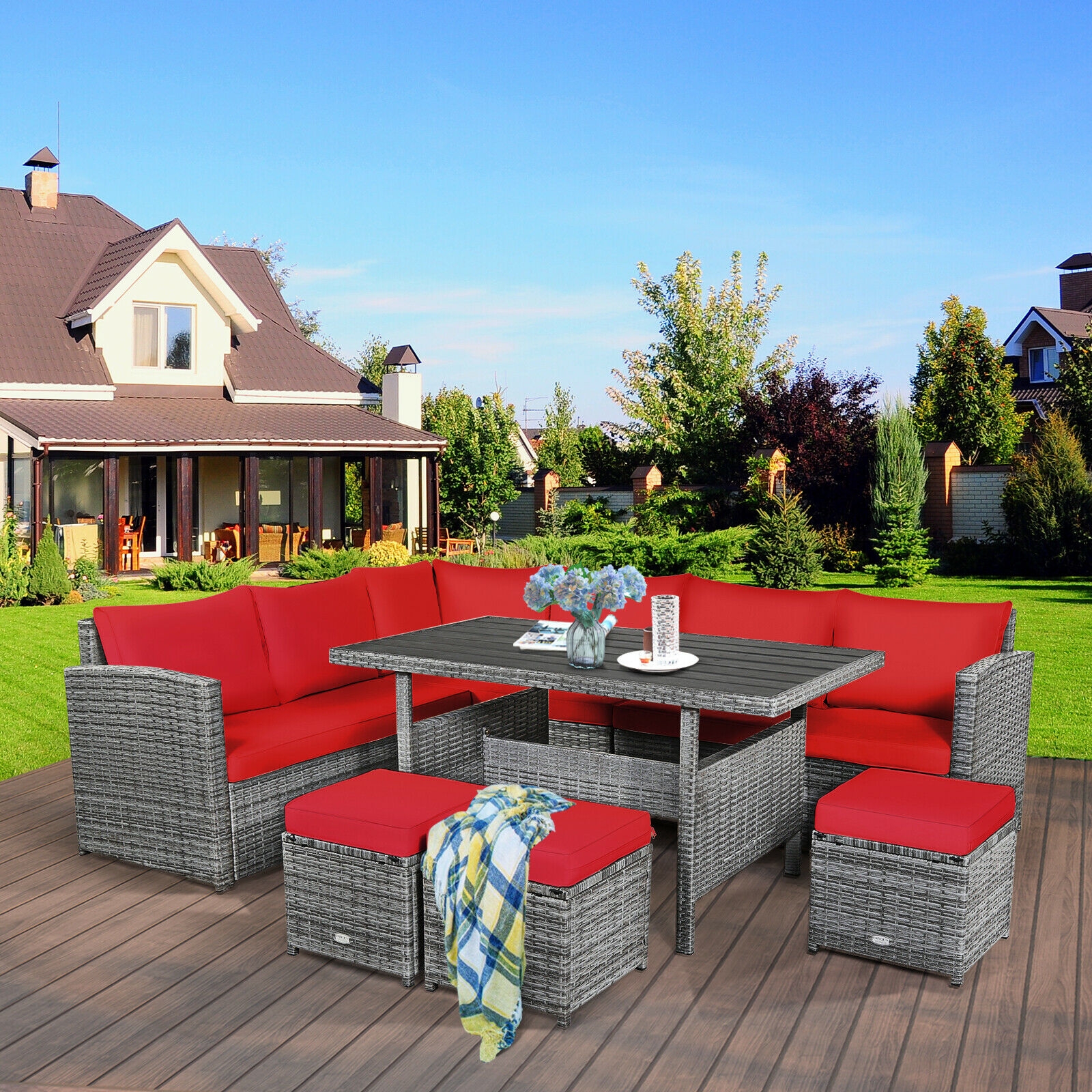 OUTGOO 7 Pieces Outdoor Wicker Sectional Sofa Set with Dining Table for Patio, Garden and Outdoor Living