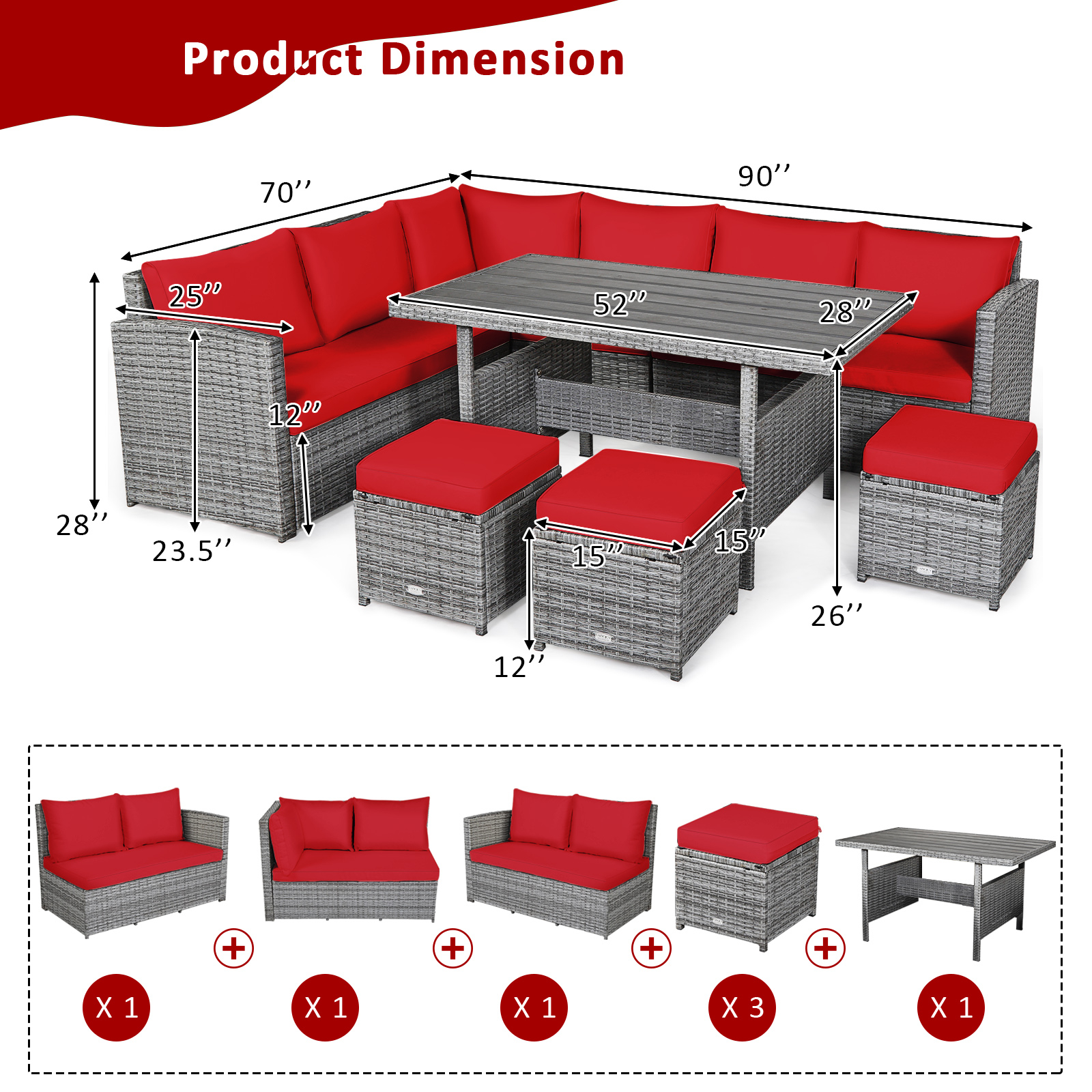OUTGOO 7 Pieces Outdoor Wicker Sectional Sofa Set with Dining Table for Patio, Garden and Outdoor Living