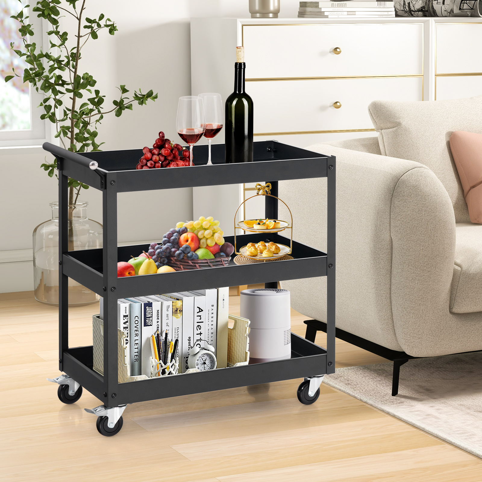 OUTGOO 3-Tier Utility Cart with Steel Frame and Four Wheels for Home Organization and Everyday Living