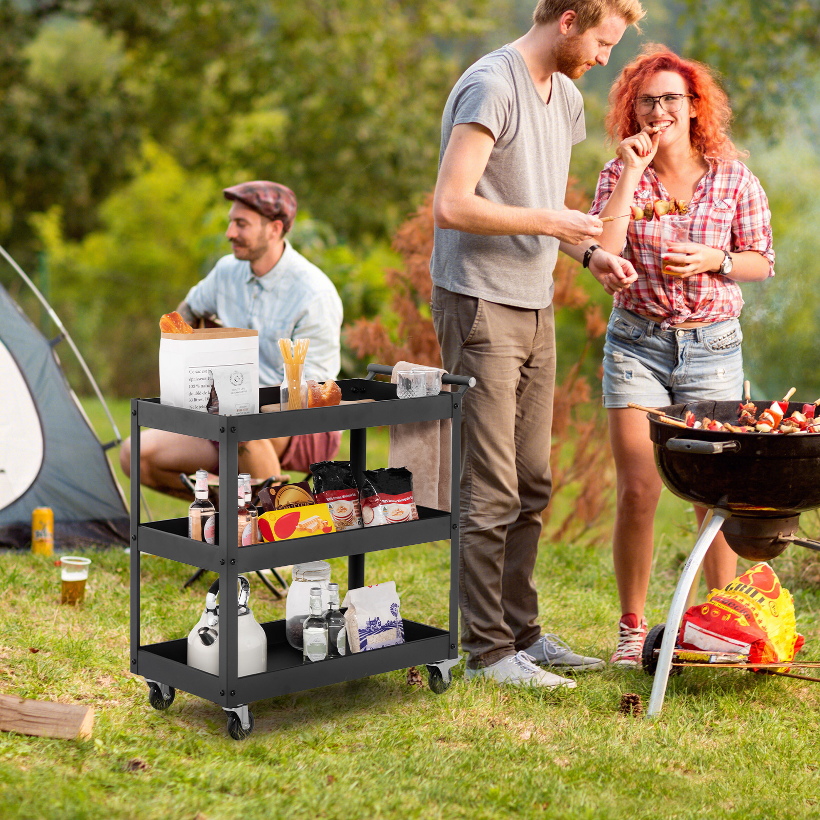 OUTGOO 3-Tier Utility Cart with Steel Frame and Four Wheels for Home Organization and Everyday Living