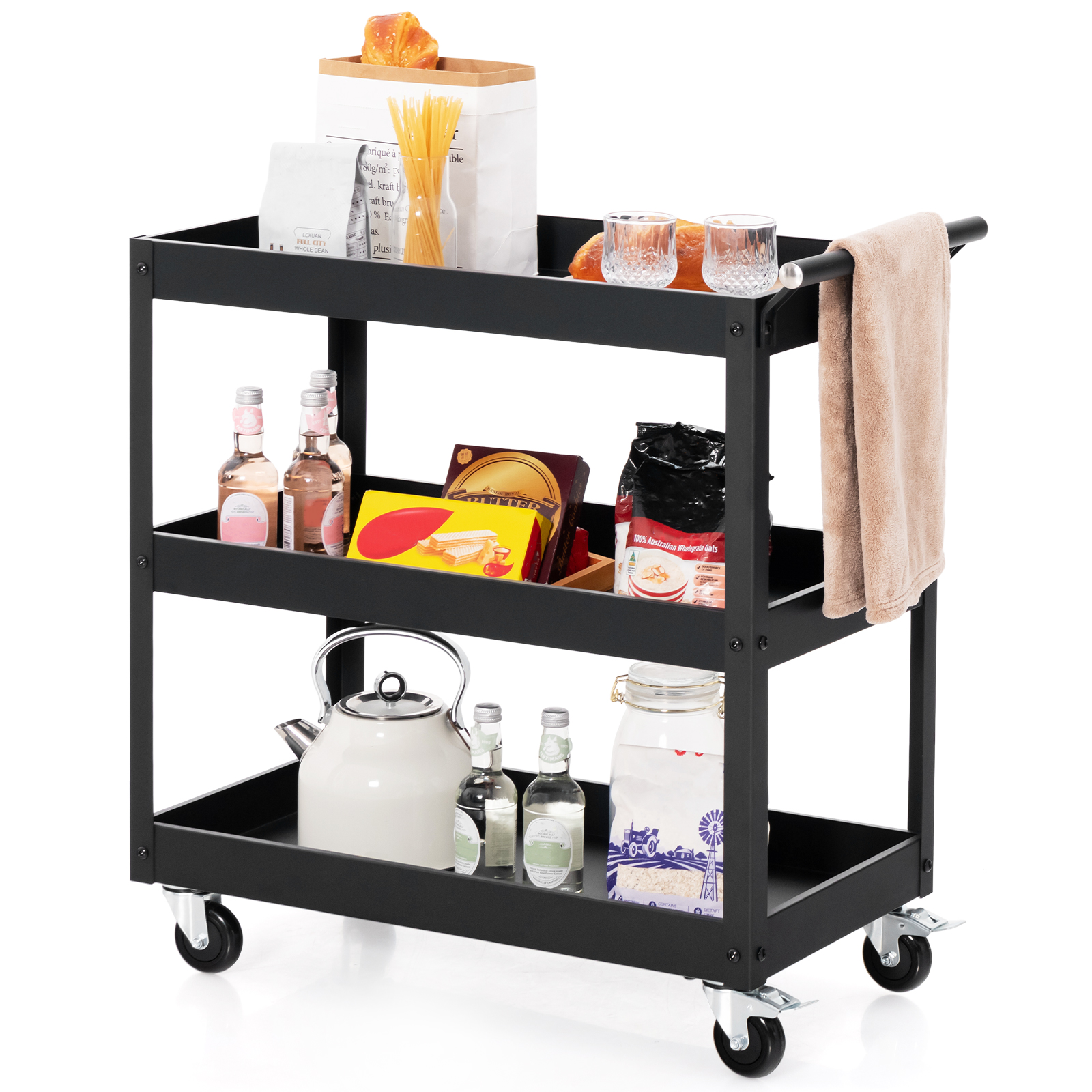 OUTGOO 3-Tier Utility Cart with Steel Frame and Four Wheels for Home Organization and Everyday Living