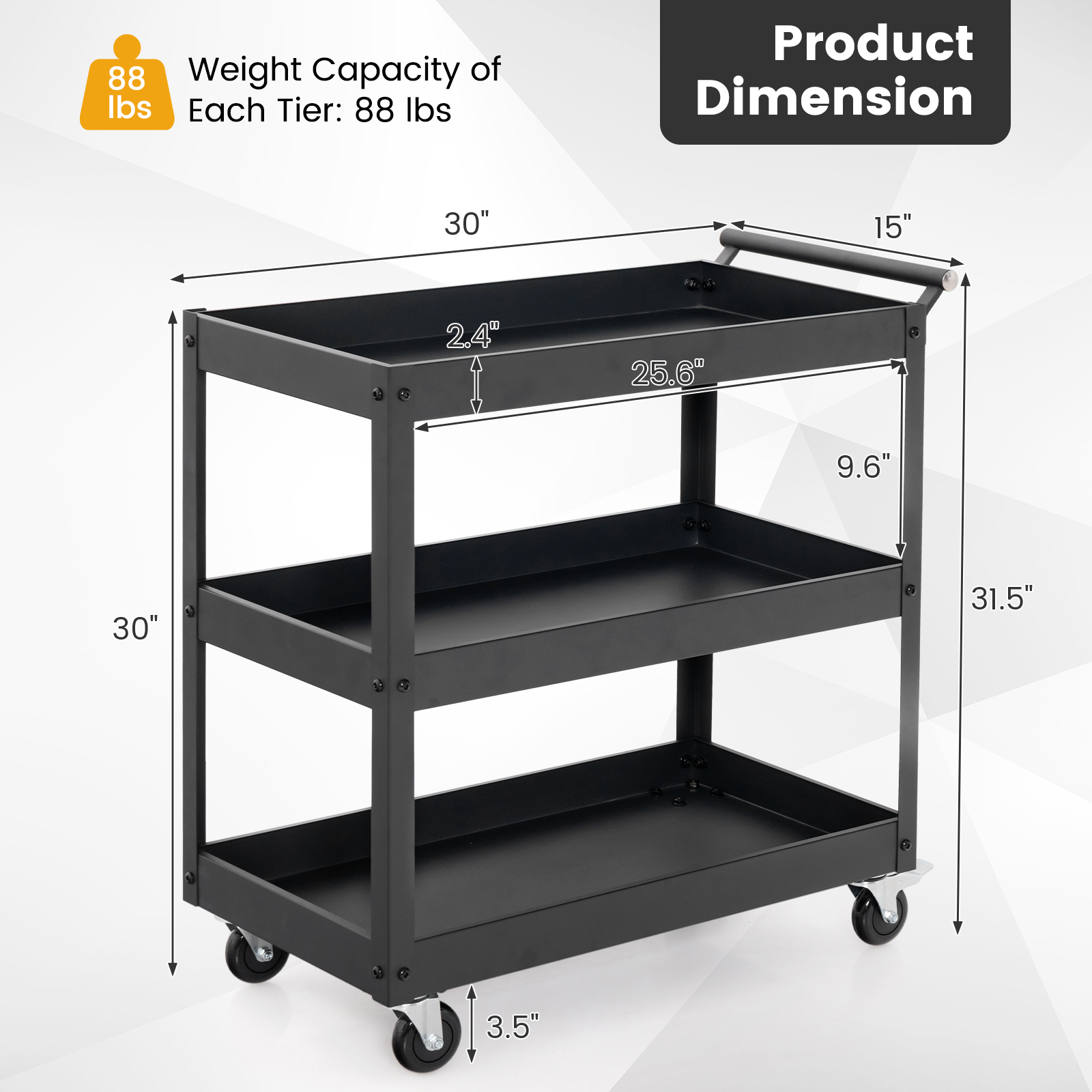 OUTGOO 3-Tier Utility Cart with Steel Frame and Four Wheels for Home Organization and Everyday Living
