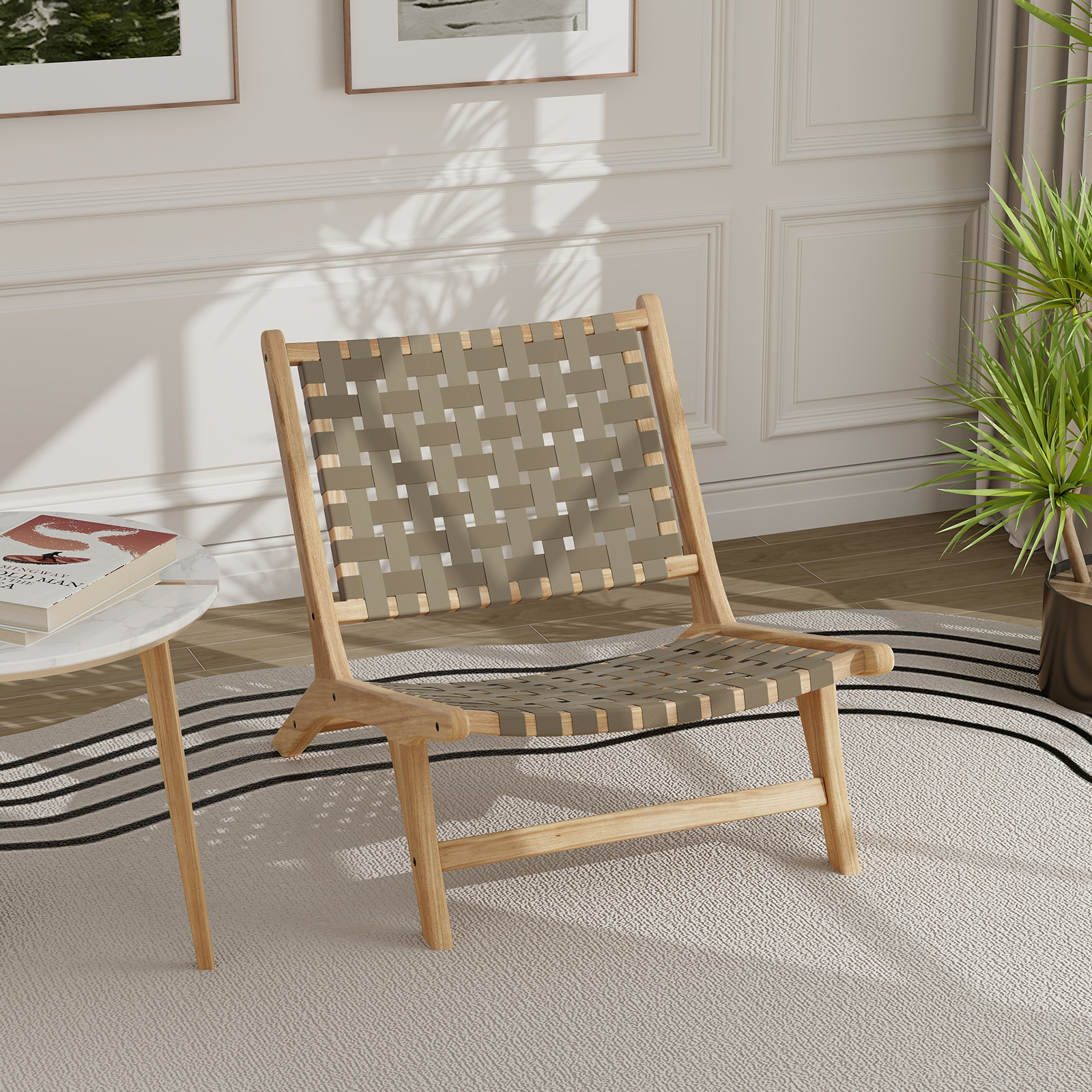 OUTGOO Modern Armless Teak Wood Lounge Chair with Nylon Woven Backrest and Seat