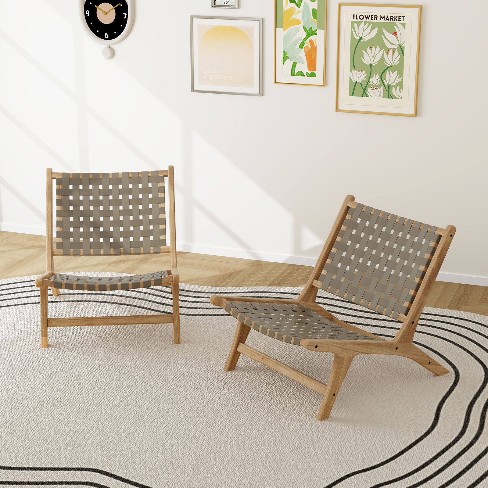 OUTGOO Modern Armless Teak Wood Lounge Chair with Nylon Woven Backrest and Seat