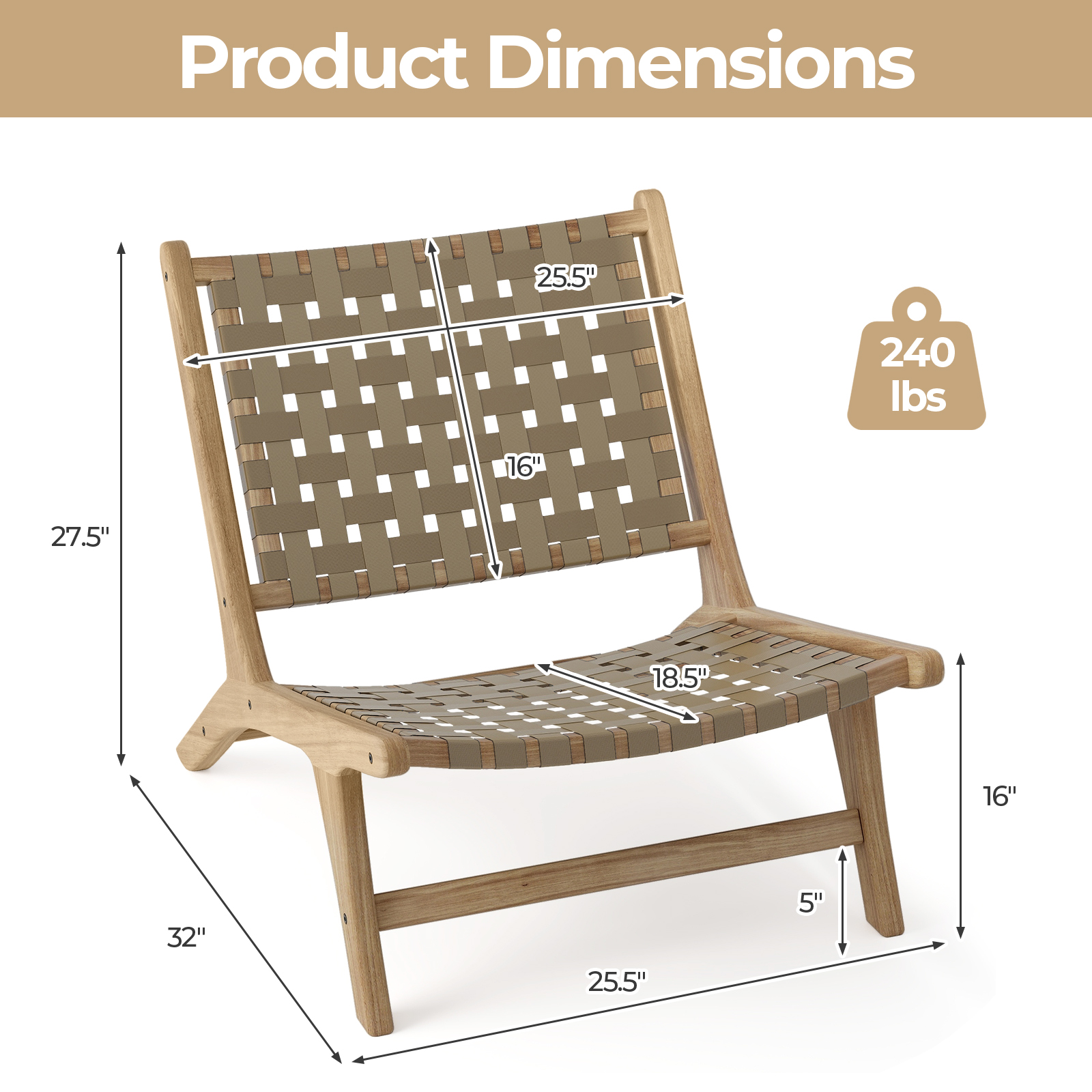 OUTGOO Modern Armless Teak Wood Lounge Chair with Nylon Woven Backrest and Seat