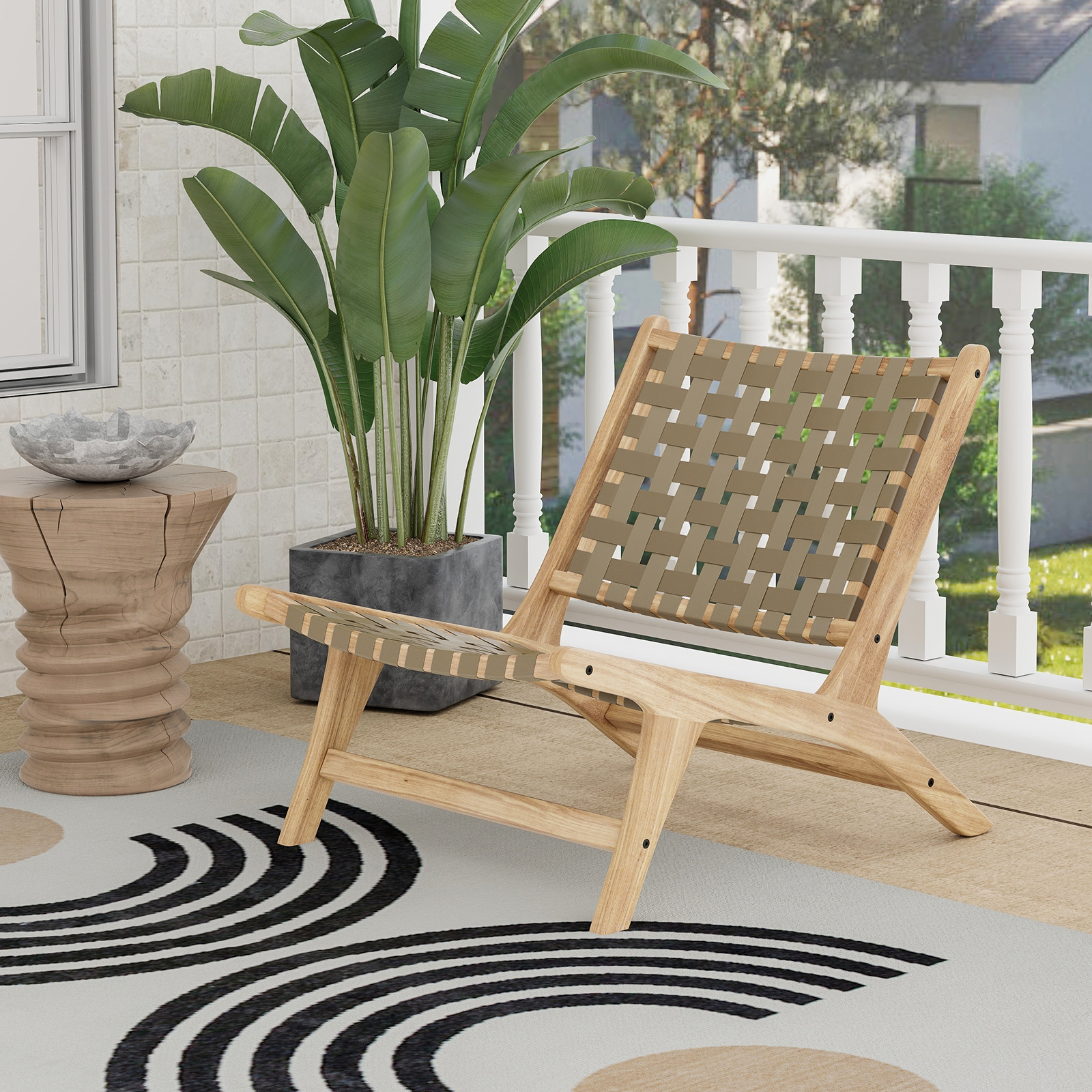 OUTGOO Modern Armless Teak Wood Lounge Chair with Nylon Woven Backrest and Seat