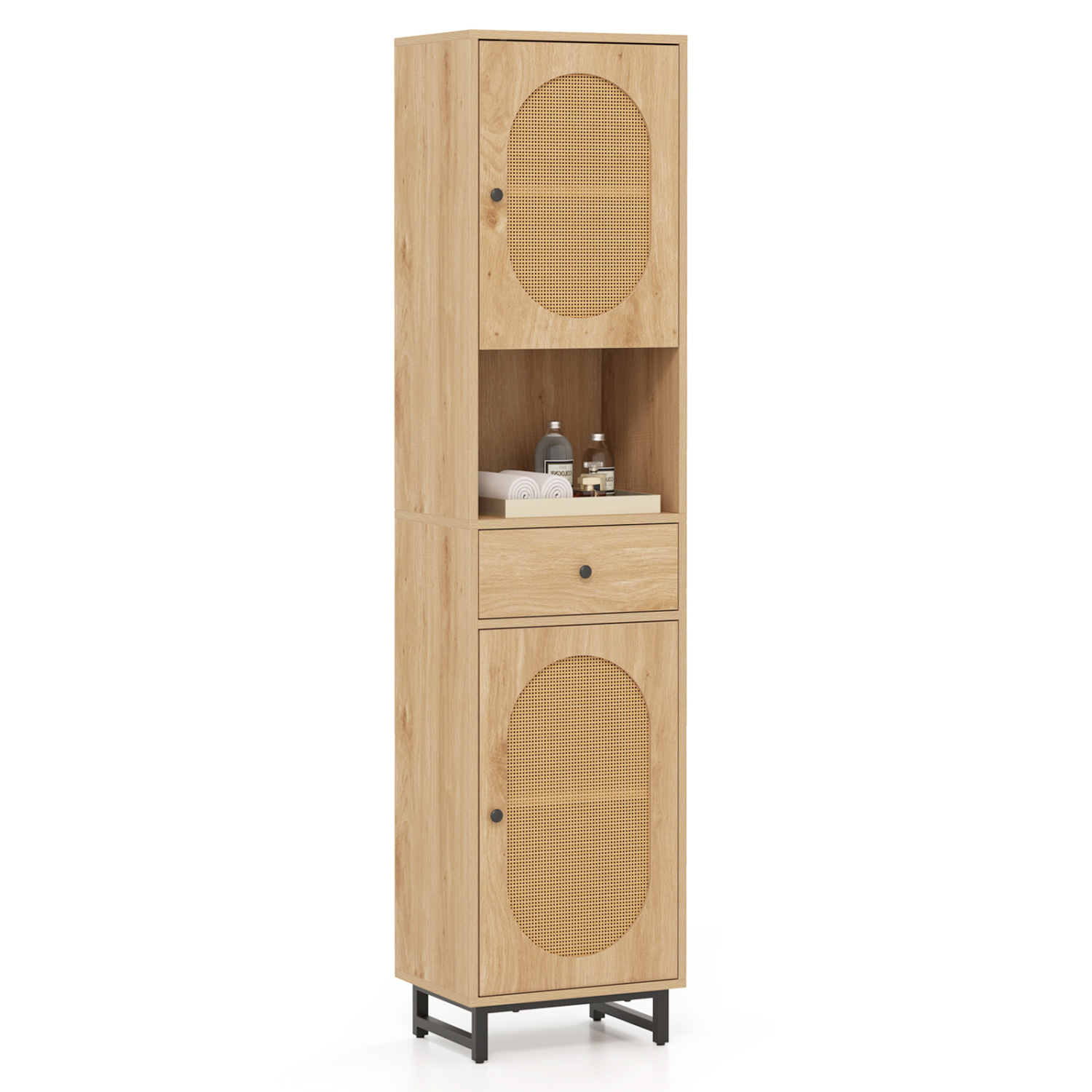 OUTGOO 67 Inch Tall Bathroom Cabinet PE Rattan Floor Cabinet with 2 Doors for Home Organization and Everyday Living