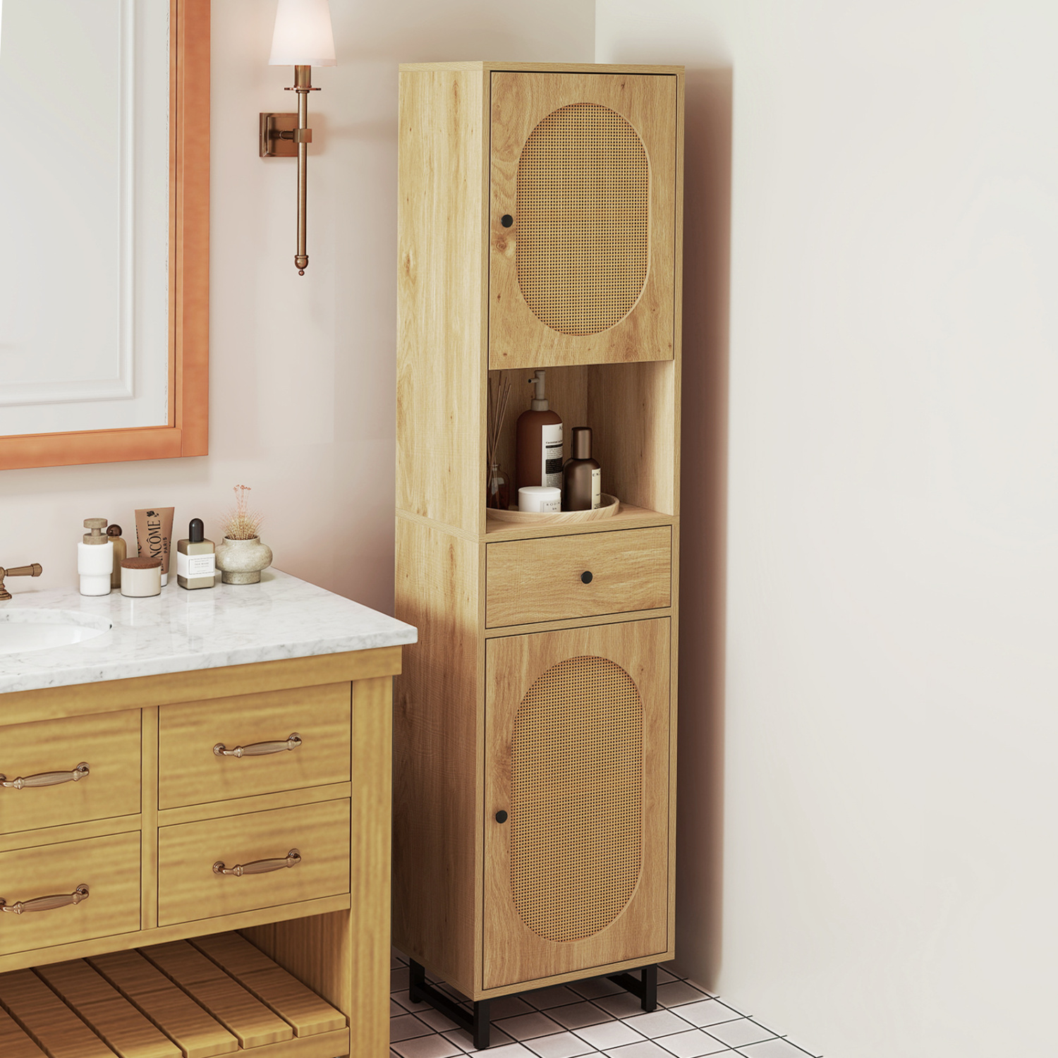OUTGOO 67 Inch Tall Bathroom Cabinet PE Rattan Floor Cabinet with 2 Doors for Home Organization and Everyday Living
