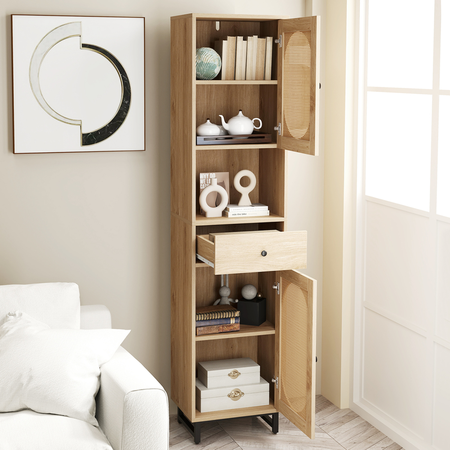 OUTGOO 67 Inch Tall Bathroom Cabinet PE Rattan Floor Cabinet with 2 Doors for Home Organization and Everyday Living