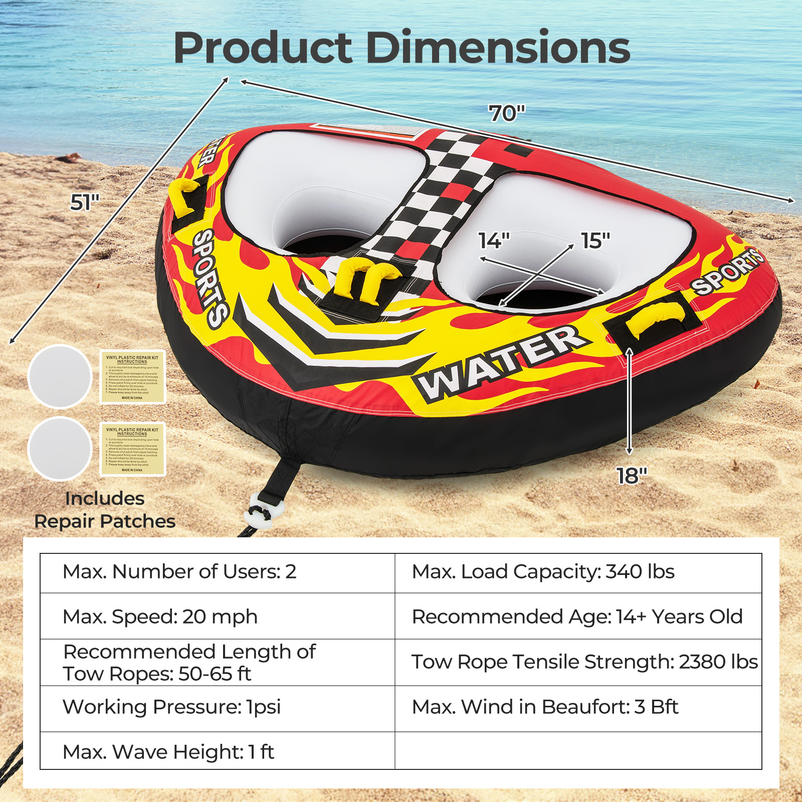 OUTGOO Towable Tube with Quick Connector and Drainage for Boating for Water Sports, Travel and Outdoor Adventures