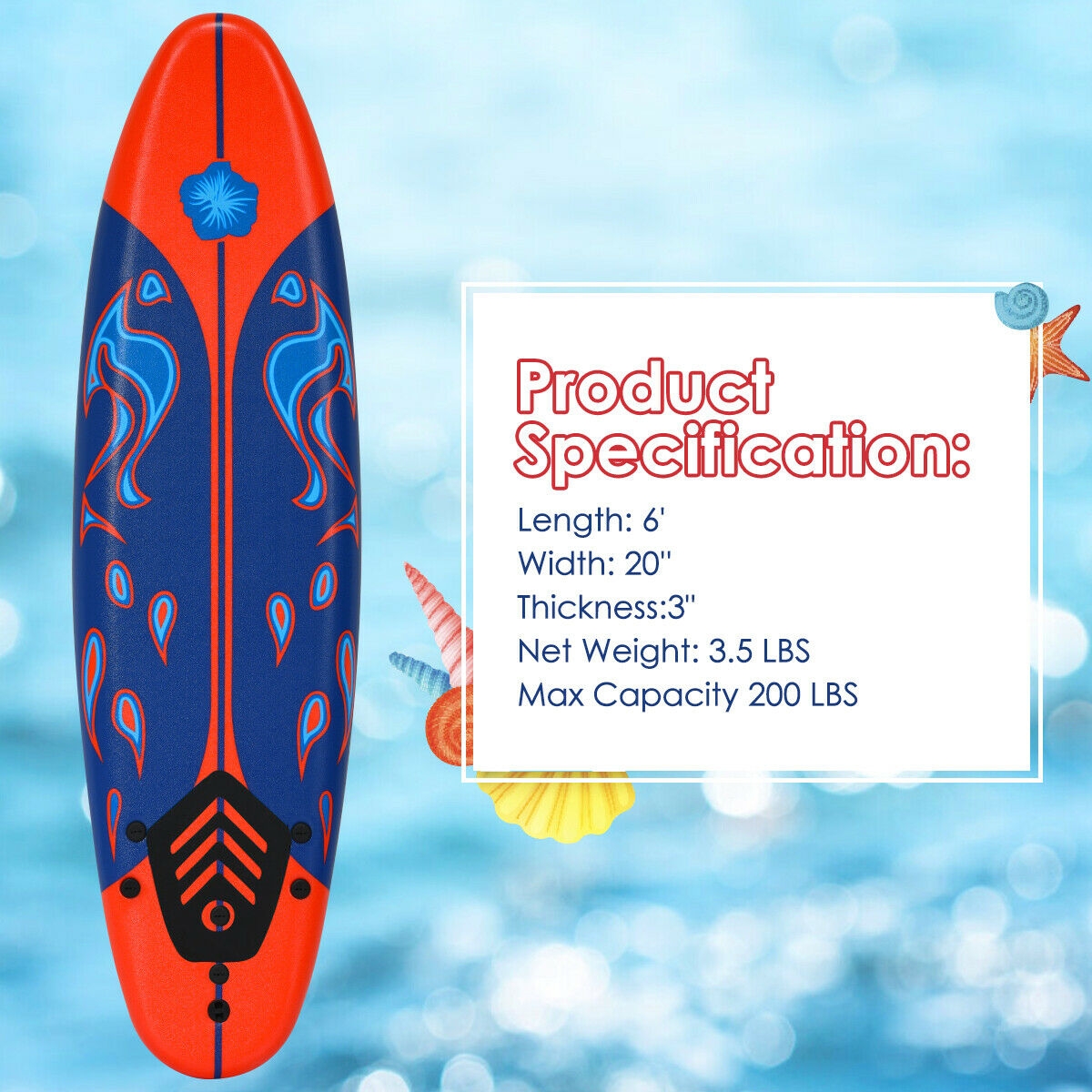 OUTGOO 6 Feet Surfboard with 3 Detachable Fins for Water Sports, Travel and Outdoor Adventures