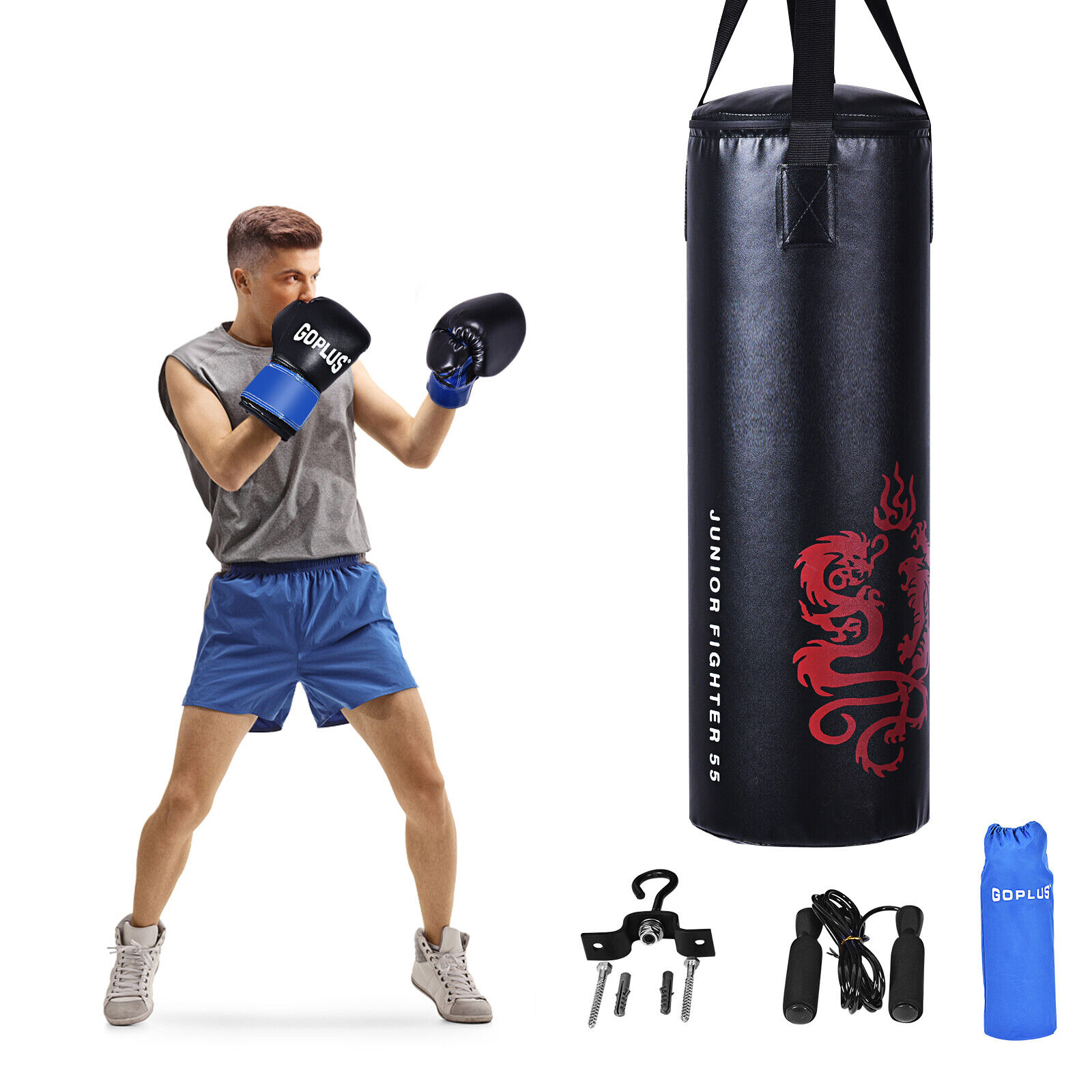 OUTGOO 5 Pieces 40Lbs Filled Punching Boxing Set with Jump Rope and Gloves for Active Play, Training and Family Fun