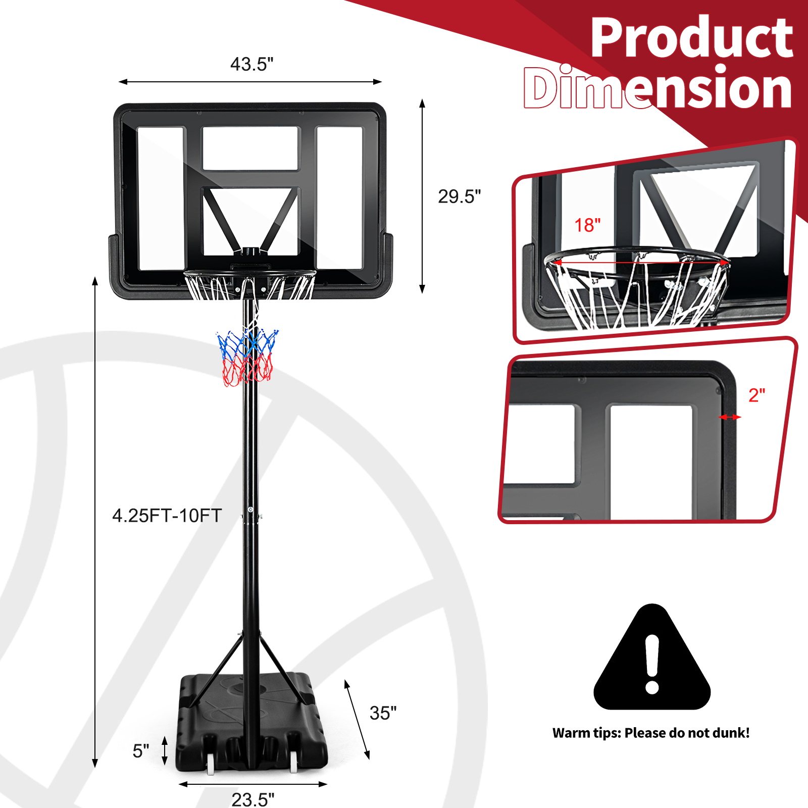 OUTGOO Adjustable Portable Basketball Hoop Stand with Shatterproof Backboard Wheels