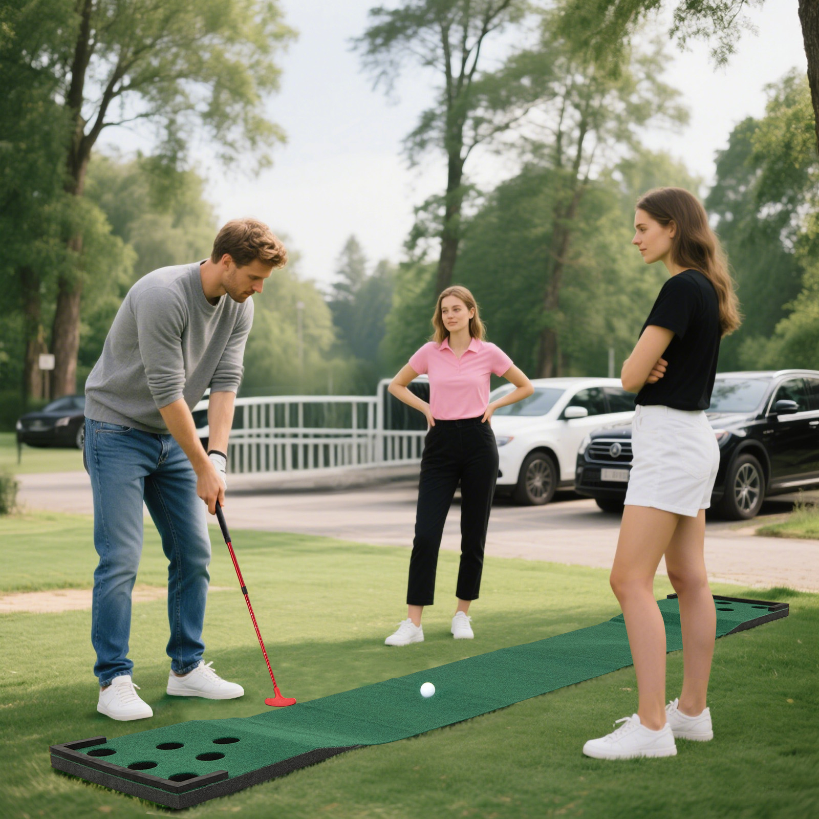 OUTGOO 11 FT Indoor Outdoor Putting Green Mat with 2 Adjustable Putters and 6 Balls
