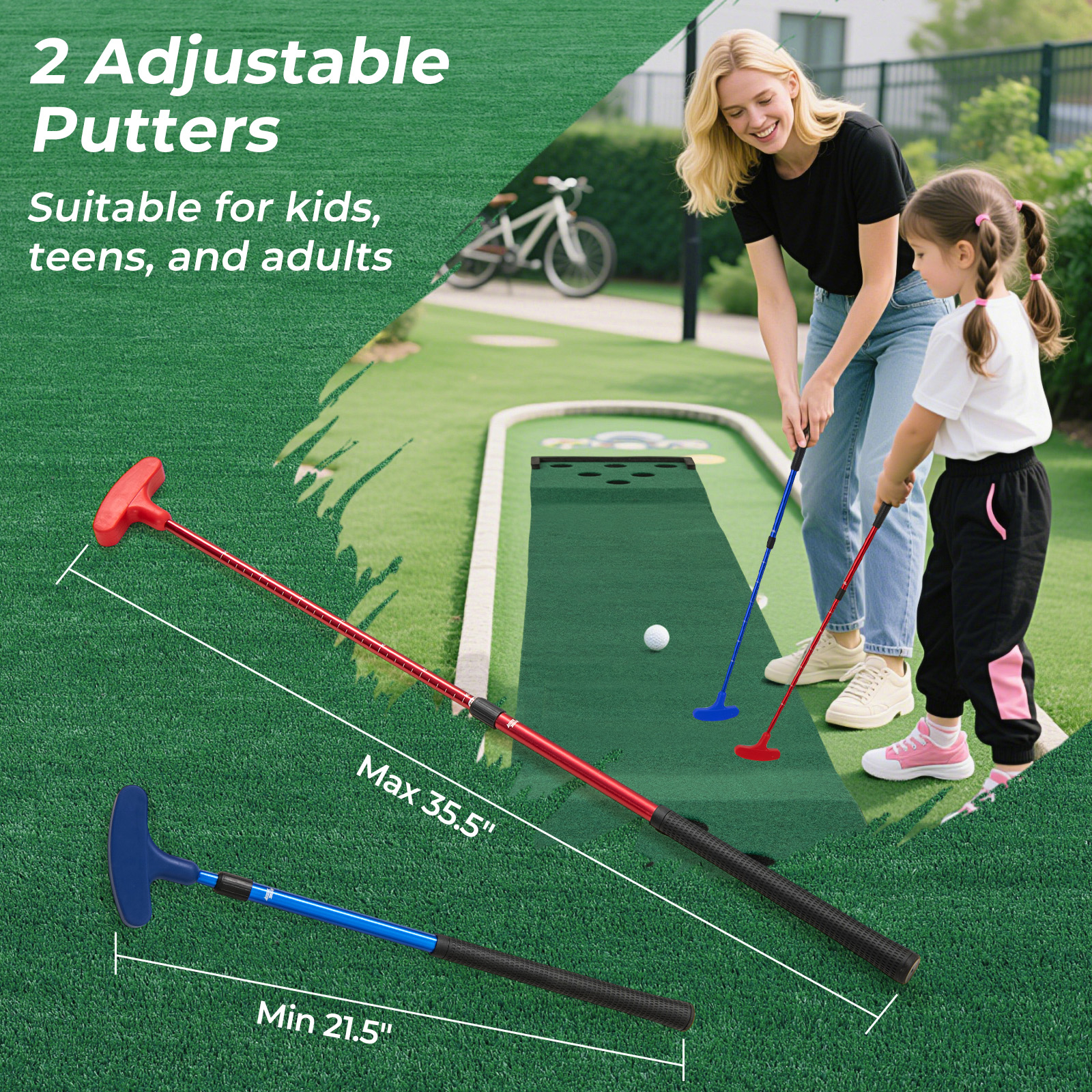 OUTGOO 11 FT Indoor Outdoor Putting Green Mat with 2 Adjustable Putters and 6 Balls