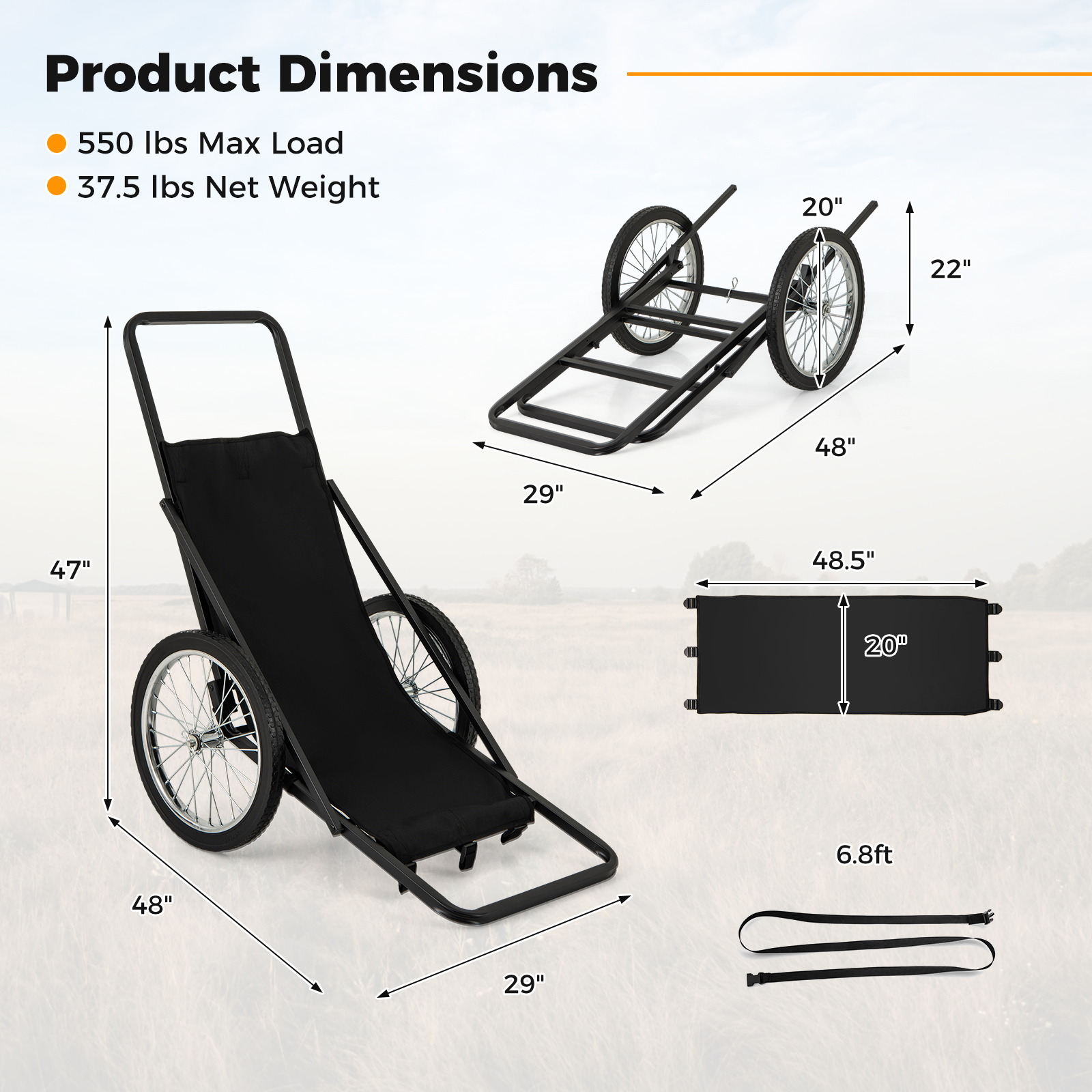 OUTGOO 550 LBS Folding Deer Game Cart with Polyester Liner for Hunting for Home, Patio, Outdoor and Everyday Use
